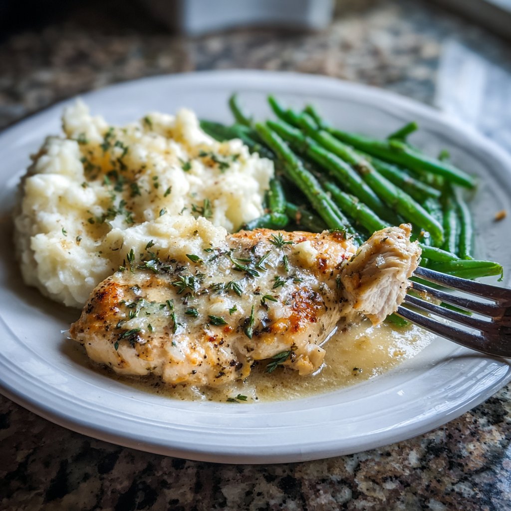 Creamy Herb Chicken with Mashed Potatoes and Garlic Green Beans