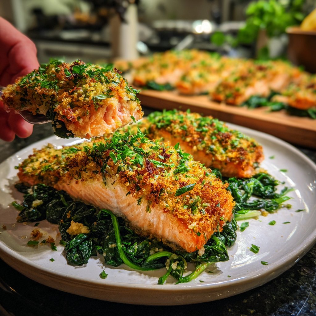 Herb-Crusted Salmon with Spinach